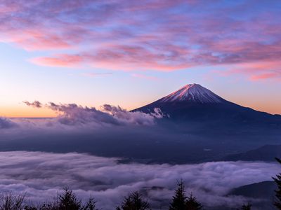 Fuji mountain and the mist over Lake Kawaguchiko at beautiful sunrise