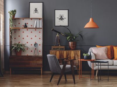 Gray and orange living room interiors