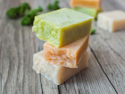 Stack of colorful handmade shampoo bars