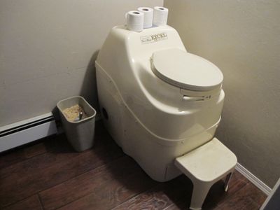 A compostable toilet in a washroom.