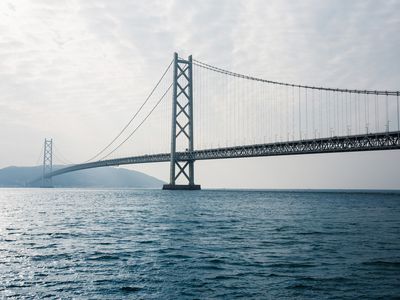 Akashi Kaikyo Bridge on a cloudy day