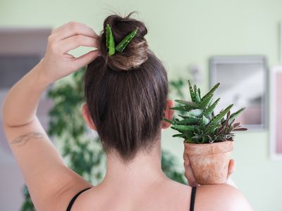 back of woman with a bun holding aloe vera plant for hair mask