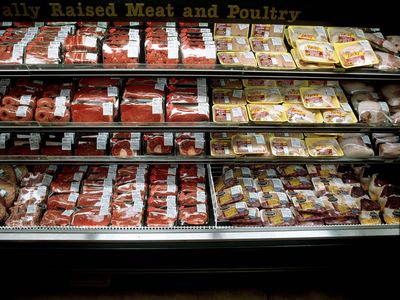 A supermarket meat and poultry aisle with an assortment of pre-packaged meats