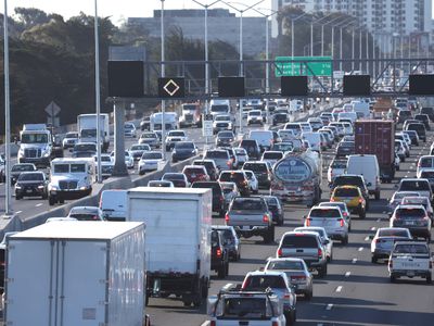 An image of traffic in California on the highway.