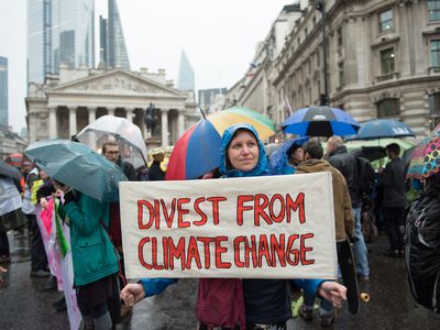 A protestor holding a "divest from climate change" poster.