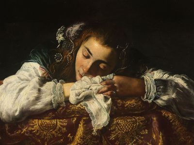 Oil painting of a person sleeping with an article of clothing