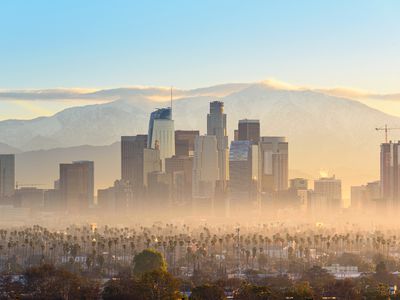 Downtown Los Angeles skyscrapers at smoggy sunrise