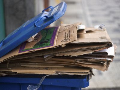 Europe, Czech Republic, Prague, View Of Cardboard Recycling Bin