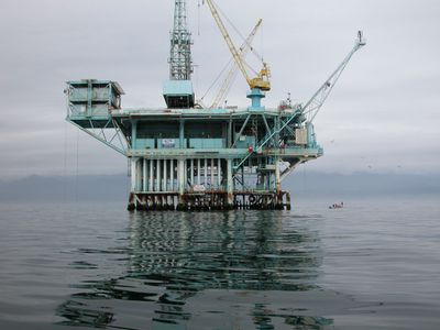 Platform Alpha drilling rig off the coast of Santa Barbara, California.