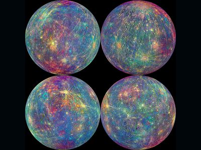 four different images of planet Mercury from NASA on black background