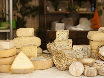 Cheeses on the counter at a market