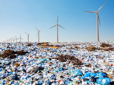 Aerial top drone view of garbage pile, trash dump, landfill, waste from household dumping site. Consumerism and contamination concept