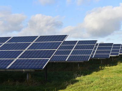 Photovoltaic panels are seen on November 22, 2020 in Stoke-on-Trent, England.