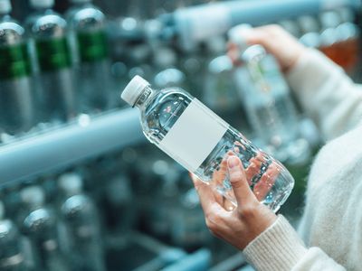 A woman holding bottled water in a store.