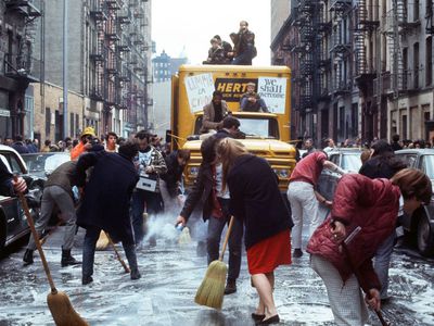 college students clean streets of new york city during historic first Earth Day protest in 1970