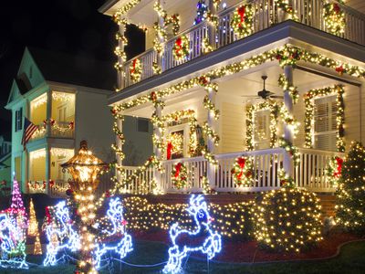 American suburb homes decked out with huge christmas light display