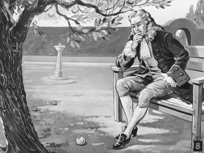 Illustration of Sir Isaac Newton contemplating a fallen apple