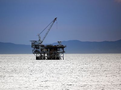 The oil drilling platform Holly near Huntington Beach, California, with Catalina Island in background