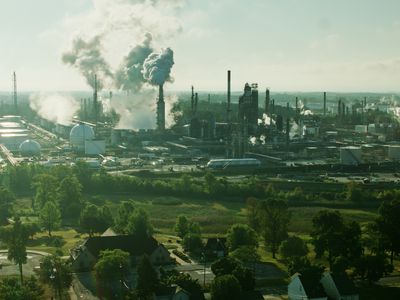 Houses and Park Beside Huge Oil Refinery in East Toledo, Ohio - Aerial