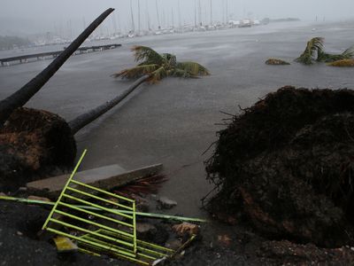 Debris is seen during a storm surge near the Puerto Chico Harbor during the passing of Hurricane Irma on September 6, 2017 in Fajardo, Puerto Rico. 