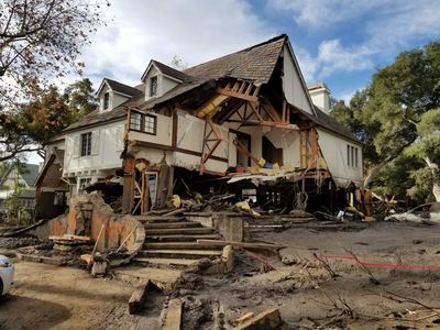 Damage from a major post-wildfire landslide in January 2018 near Montecito, California, as a result of the 2017 Thomas Fire. 