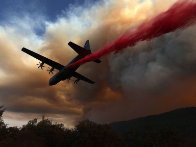 Airplane dropping red fire retardant on forest during August Complex Fire