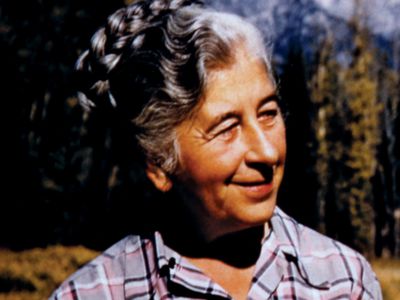 color portrait of Alaska conservationist Margaret Murie in front of Grand Tetons