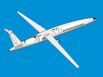 A drawing of a narrow-bodied, hydrogen-powered turboprop plane on a blue background.