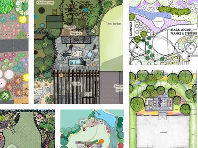 A collage showing illustrations of garden plans