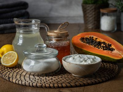 exfoliate naturally with papaya, sugar, yogurt, lemons, and honey on mat