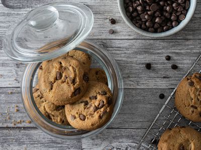 overhead shot glass jar with chocolate chip cookies