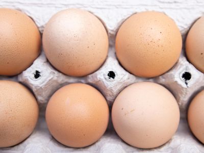 fresh farm brown eggs lined up in compostable egg carton