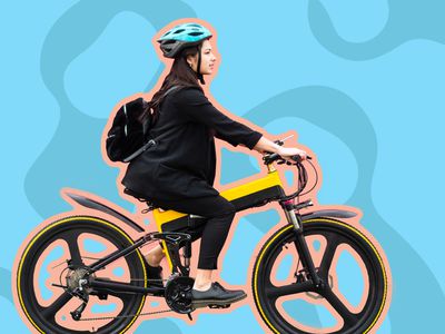 Collage of a person riding an electric bike on a blue background