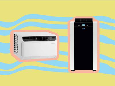 Two energy-efficient air conditioners we recommend outlined in pink and displayed on a yellow and blue background 