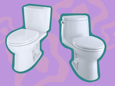 Two water-saving toilets we recommend outlined in blue and displayed on a pink and purple patterned background