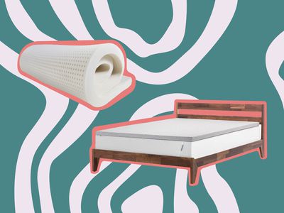 Collage of eco-friendly mattress toppers we recommend on a colorful background