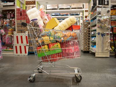 Trolley filled with groceries in wholesale store Landscape