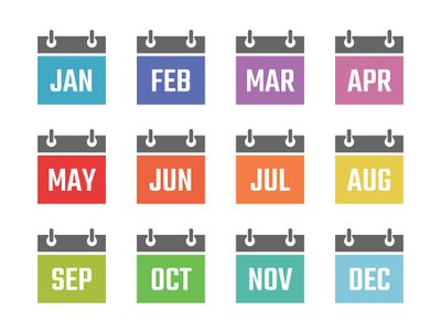 12 calendar months (undated) in different colors.