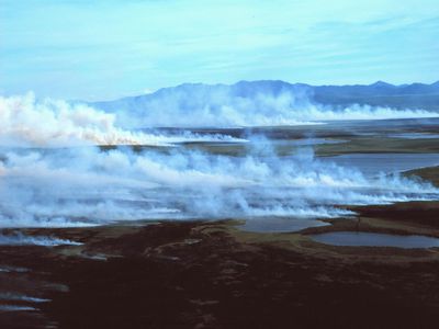 Wildfire on the Arctic tundra in front of the Baird Mountains