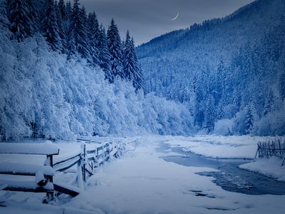 snowy landscape with new moon in sky