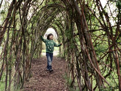 Young child walking through handmade willow tunnel