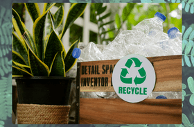 A wooden crate with a recycling symbol, next to a houseplant